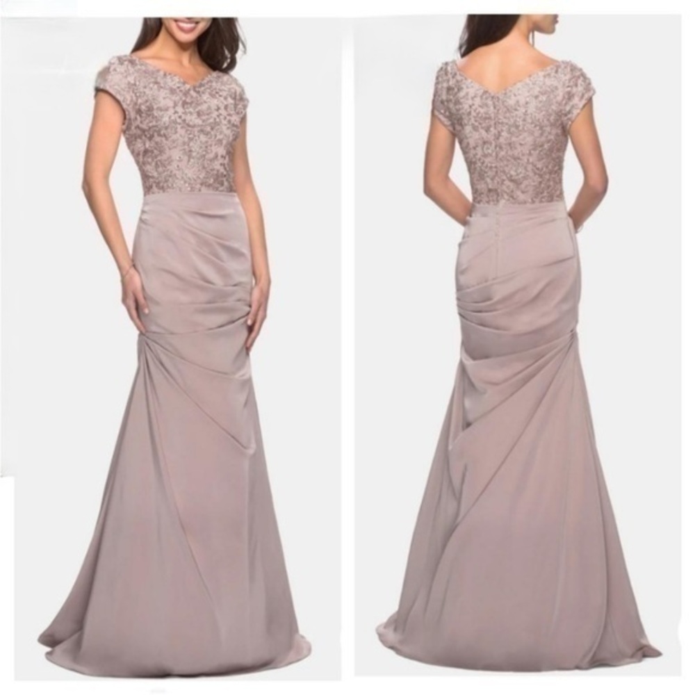 NEW LA FEMME Embroidered Bodice Ruched gown